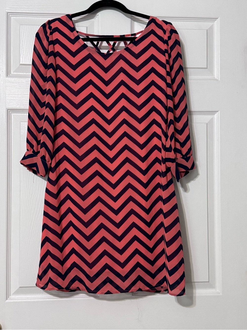 Coral and Navy Chevron Midi Dress with Three-Quarter Sleeves